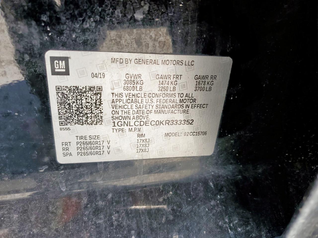 2019 Chevrolet Tahoe Police VIN: 1GNLCDEC0KR333352 Lot: 68006925