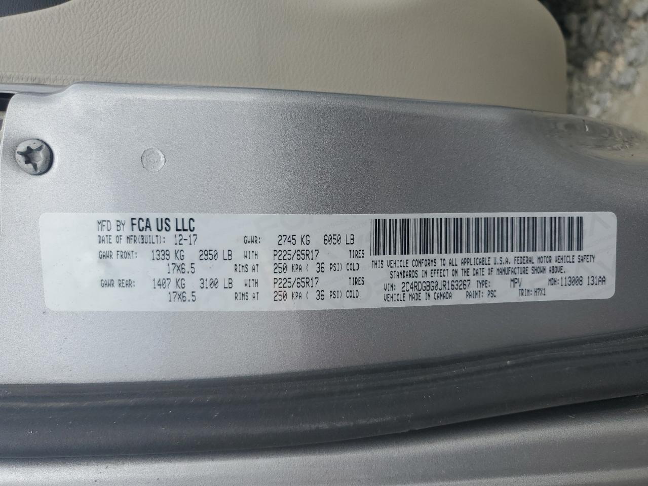 2018 Dodge Grand Caravan Se VIN: 2C4RDGBG0JR163267 Lot: 70222125