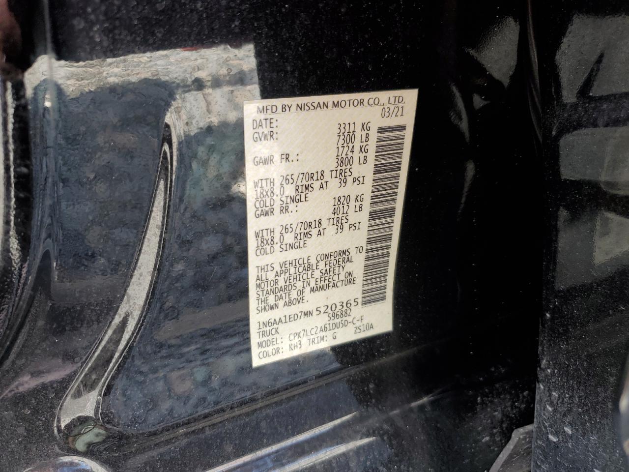 2021 Nissan Titan Sv VIN: 1N6AA1ED7MN520365 Lot: 80314305