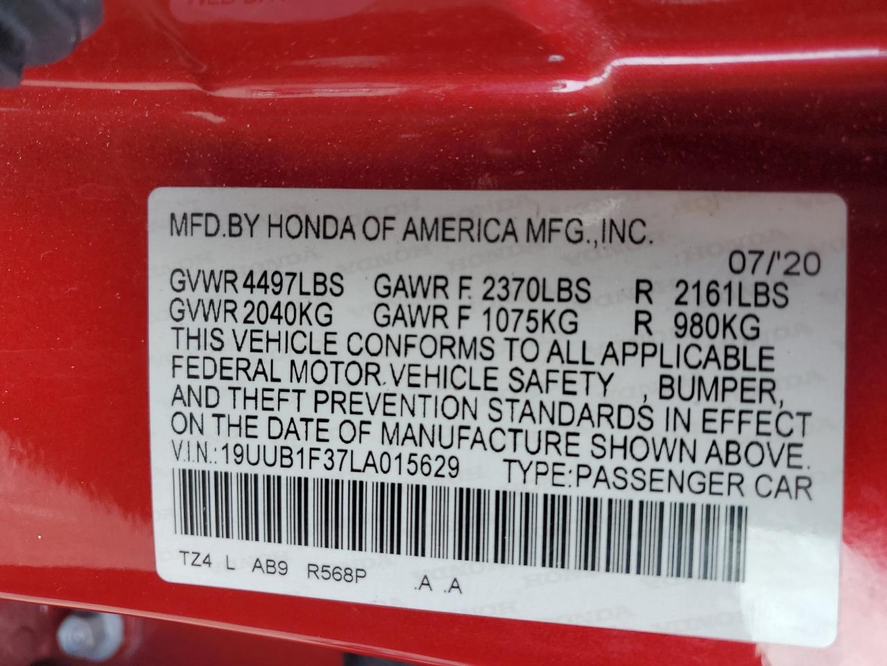 2020 Acura Tlx VIN: 19UUB1F37LA015629 Lot: 70377305