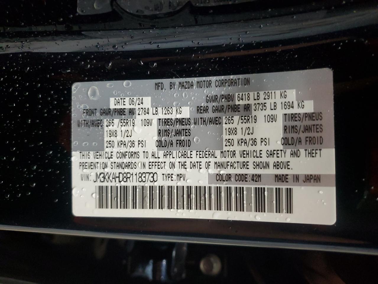 2024 Mazda Cx-90 Select VIN: JM3KKAHD8R1183730 Lot: 68991385