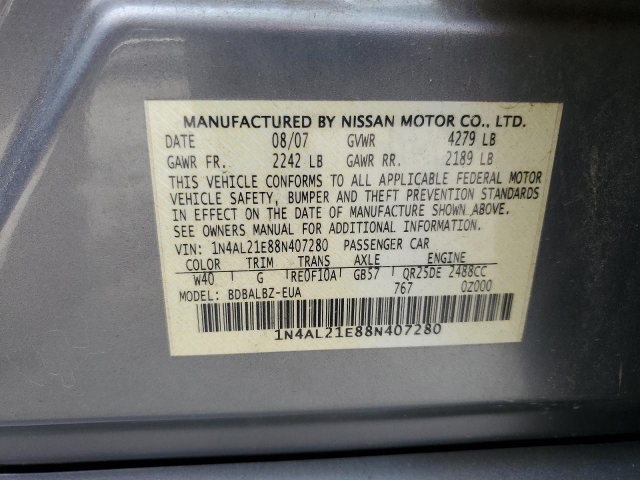 2008 Nissan Altima 2.5 VIN: 1N4AL21E88N407280 Lot: 67789445