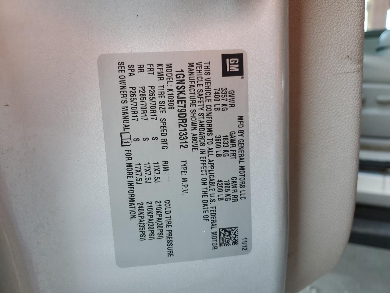 2013 Chevrolet Suburban K1500 Lt VIN: 1GNSKJE79DR213312 Lot: 70356745