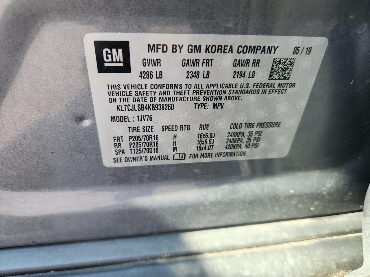 2019 Chevrolet Trax 1Lt VIN: KL7CJLSB4KB938260 Lot: 69504265