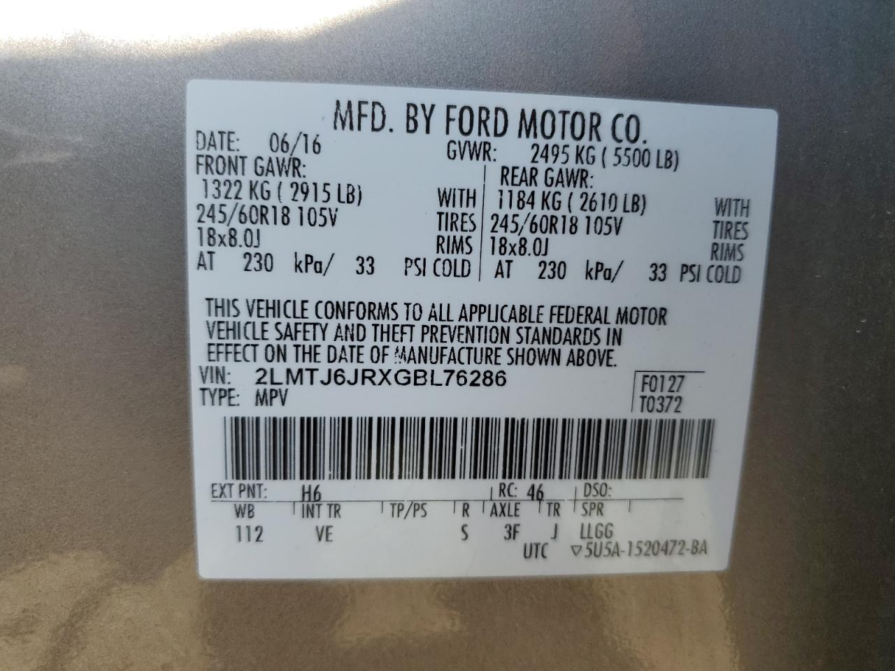 2016 Lincoln Mkx Premiere VIN: 2LMTJ6JRXGBL76286 Lot: 67848855