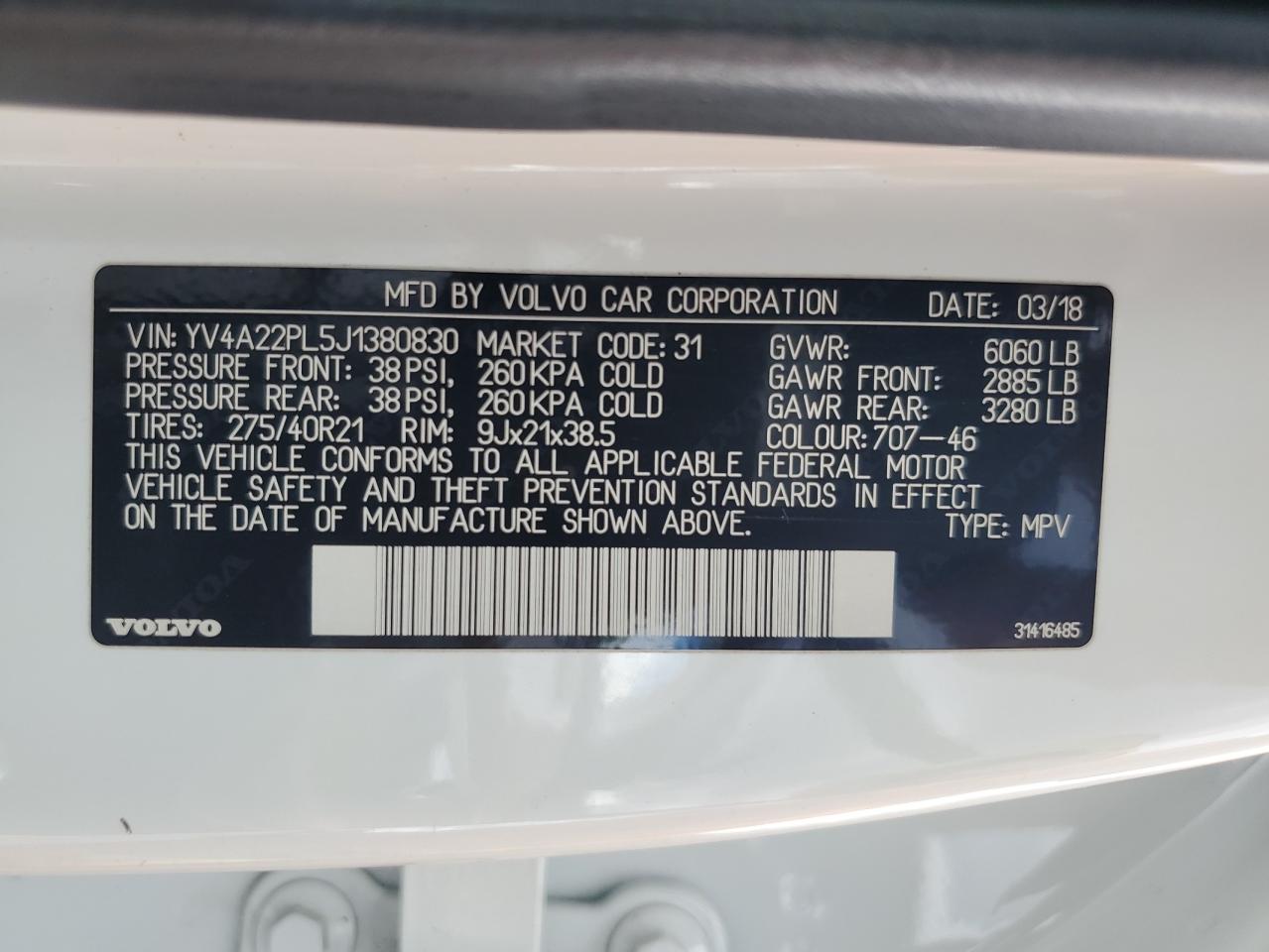 2018 Volvo Xc90 T6 VIN: YV4A22PL5J1380830 Lot: 70452635
