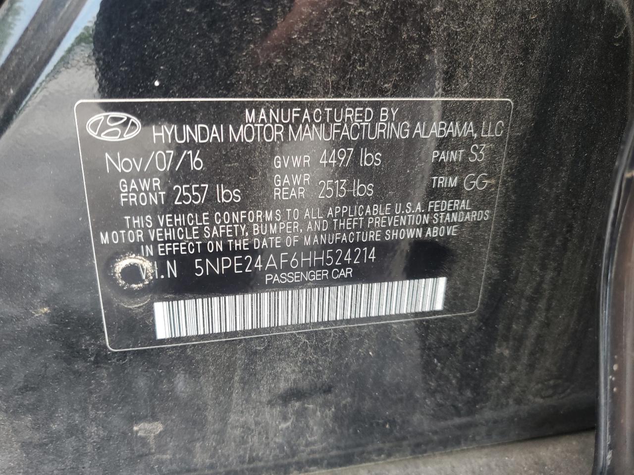 2017 Hyundai Sonata Se VIN: 5NPE24AF6HH524214 Lot: 69056945