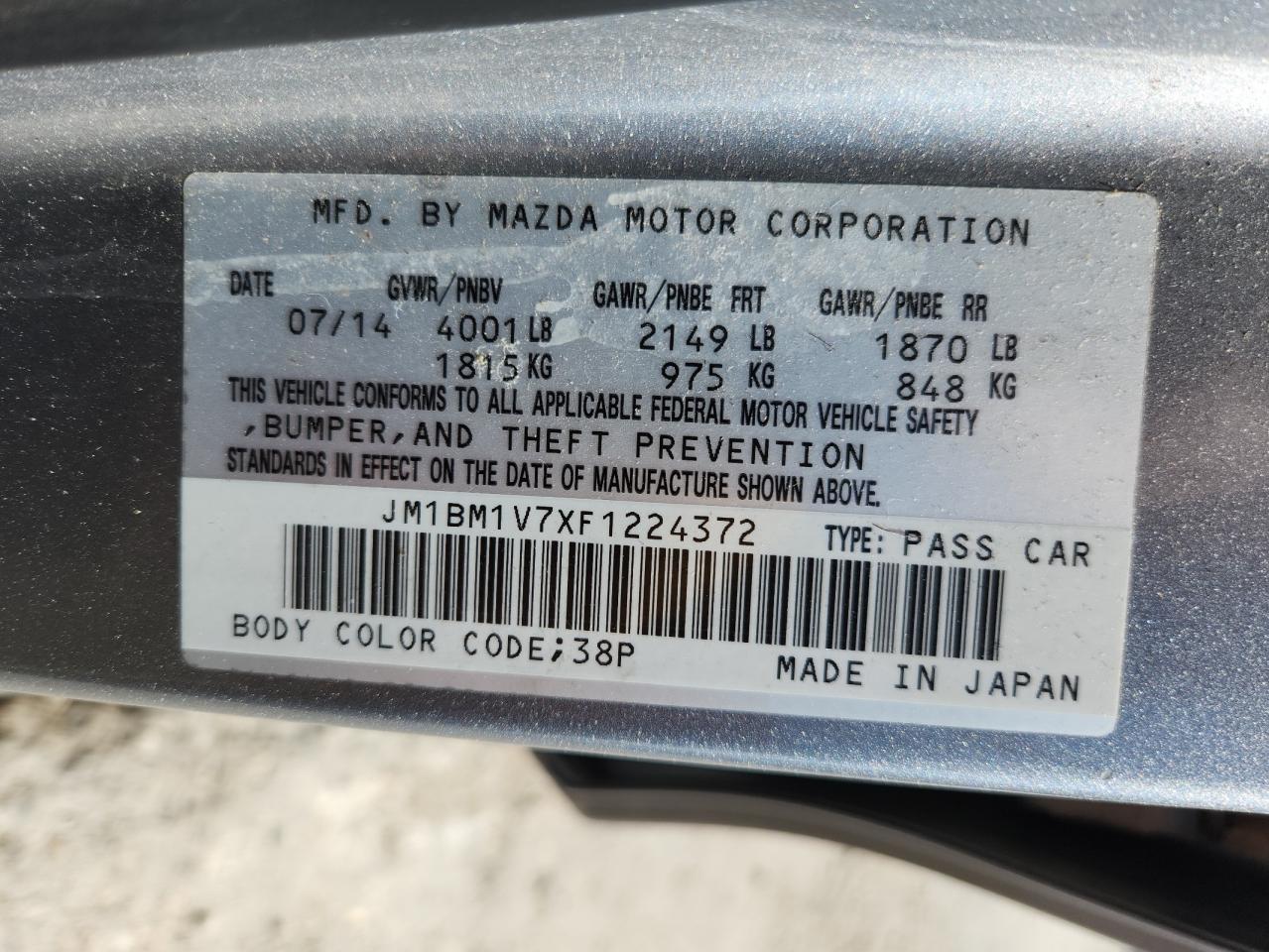 2015 Mazda 3 Touring VIN: JM1BM1V7XF1224372 Lot: 70144065