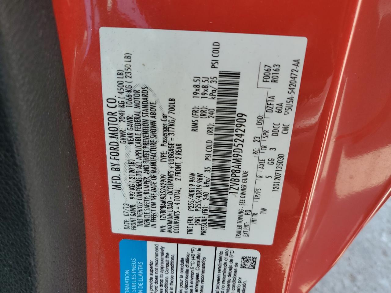 2013 Ford Mustang VIN: 1ZVBP8AM9D5242909 Lot: 69558055