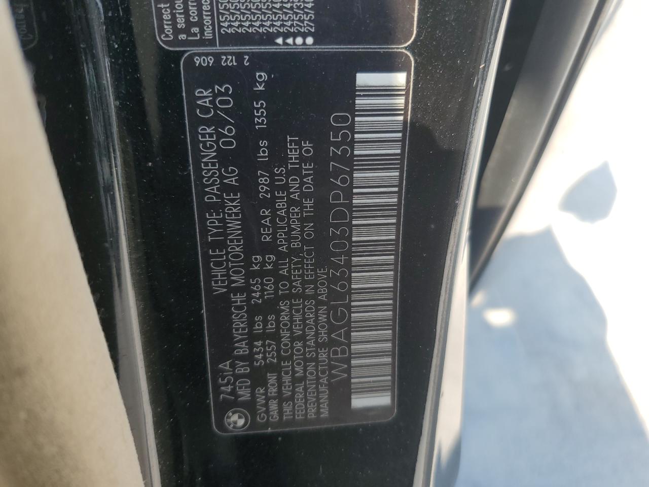 2003 BMW 745 I VIN: WBAGL63403DP67350 Lot: 68868575