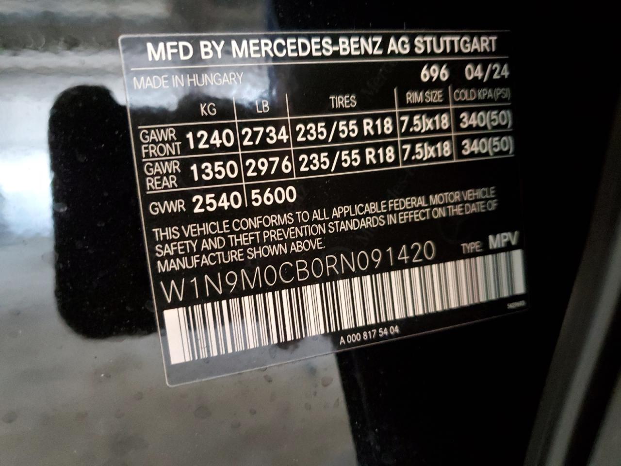 2024 Mercedes-Benz Eqb 250+ VIN: W1N9M0CB0RN091420 Lot: 70504475