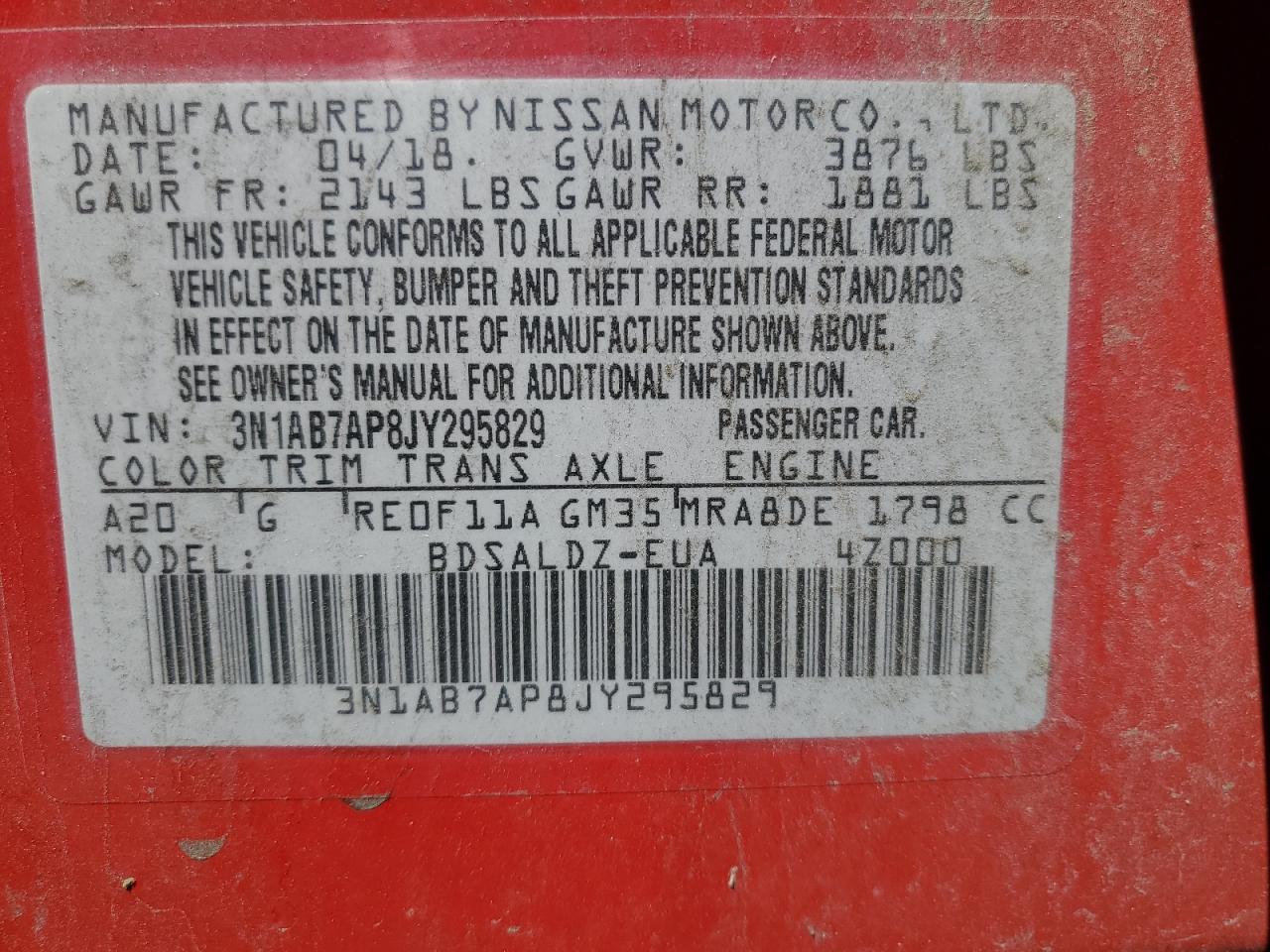 2018 Nissan Sentra S VIN: 3N1AB7AP8JY295829 Lot: 69700425