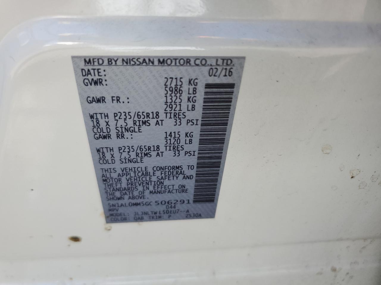 2016 Infiniti Qx60 VIN: 5N1AL0MM5GC506291 Lot: 69392565