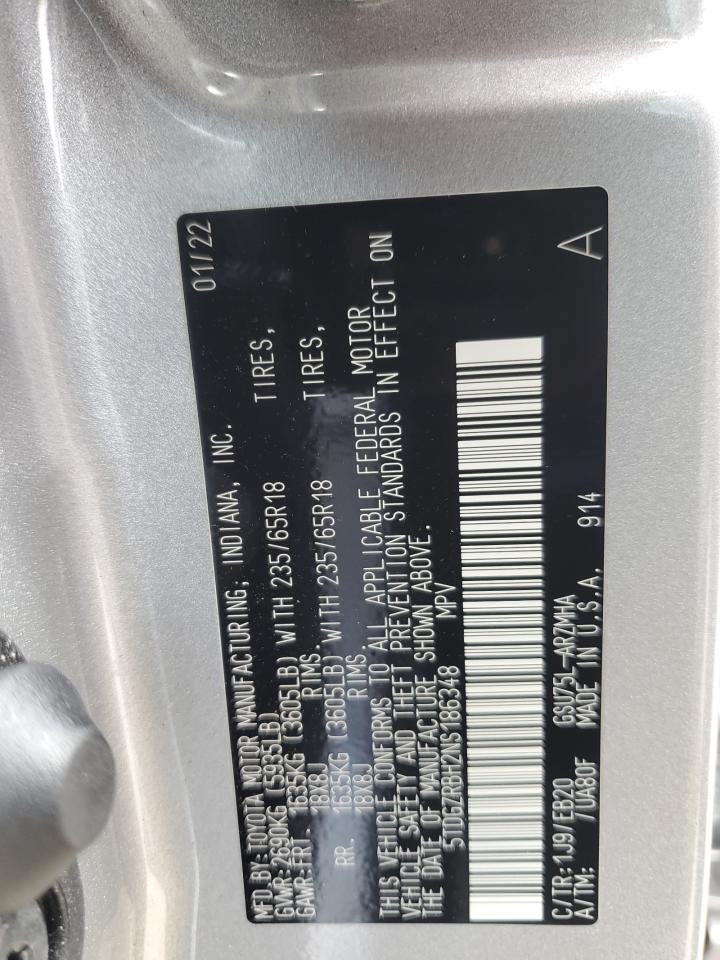 2022 Toyota Highlander Xle VIN: 5TDGZRBH2NS186348 Lot: 71009085