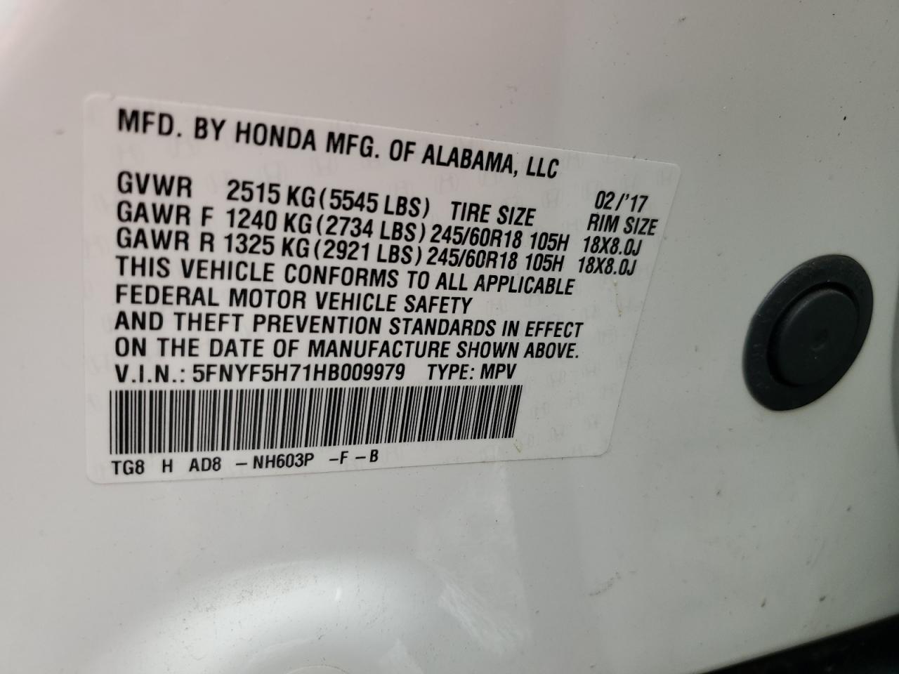 2017 Honda Pilot Exln VIN: 5FNYF5H71HB009979 Lot: 68292205