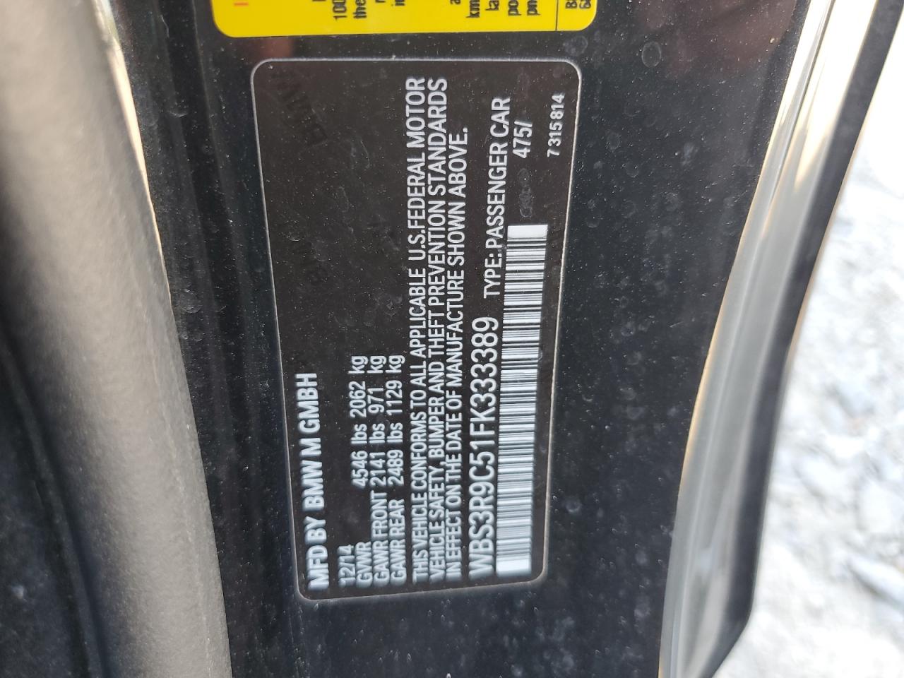 2015 BMW M4 VIN: WBS3R9C51FK333389 Lot: 67790525