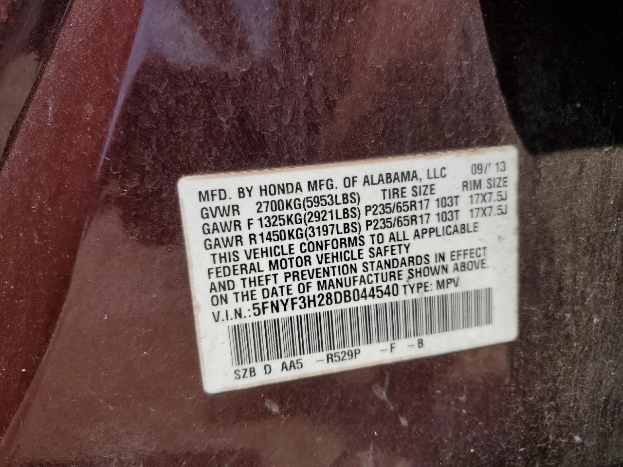 2013 Honda Pilot Lx VIN: 5FNYF3H28DB044540 Lot: 68875965