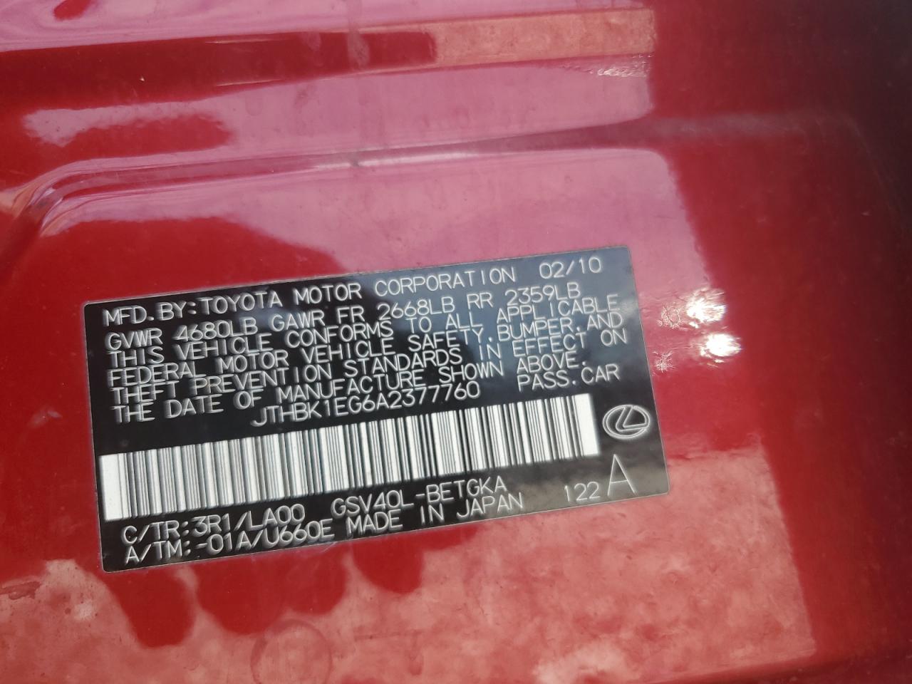 2010 Lexus Es 350 VIN: JTHBK1EG6A2377760 Lot: 69205965