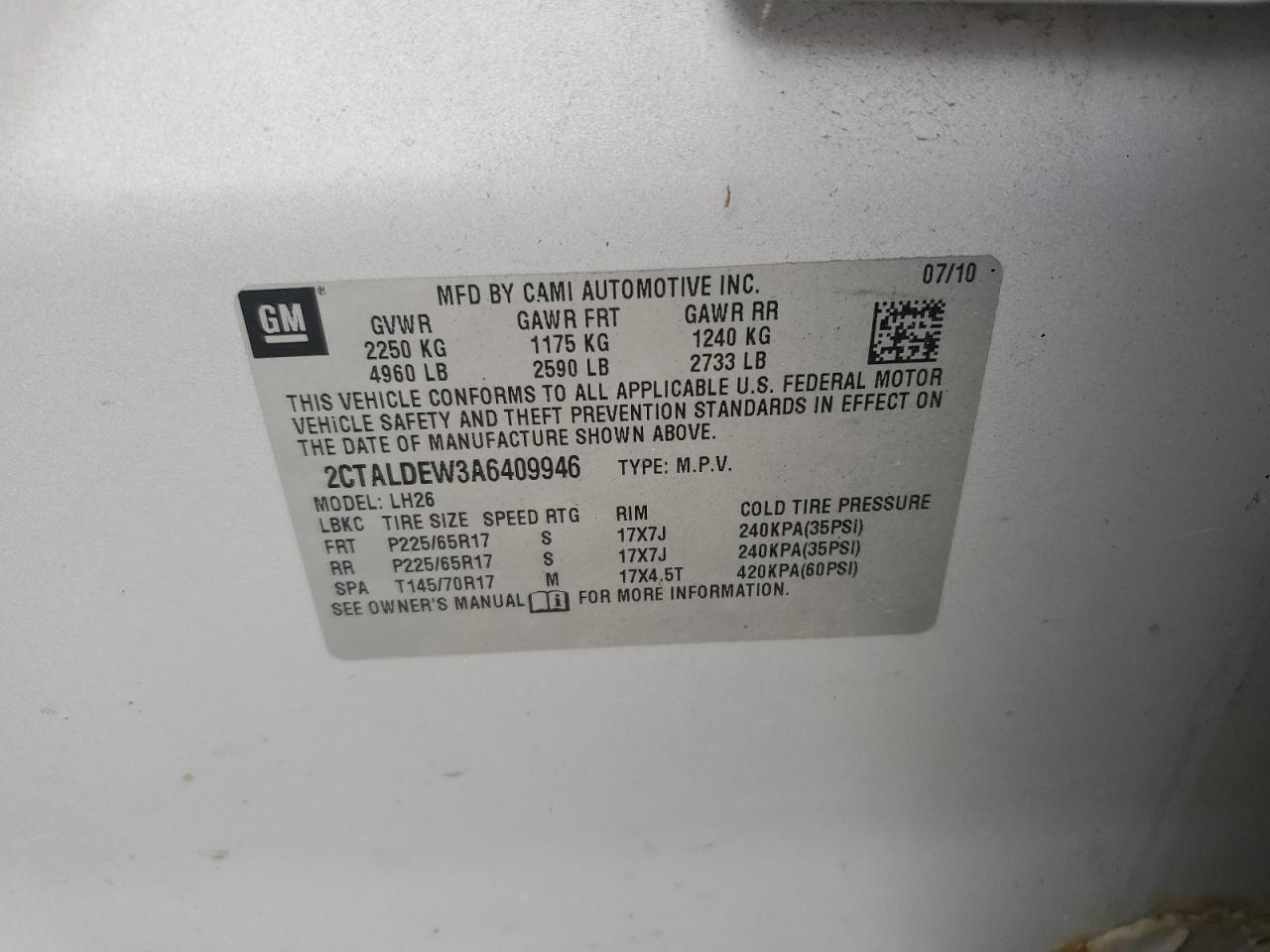 2010 GMC Terrain Sle VIN: 2CTALDEW3A6409946 Lot: 69658585