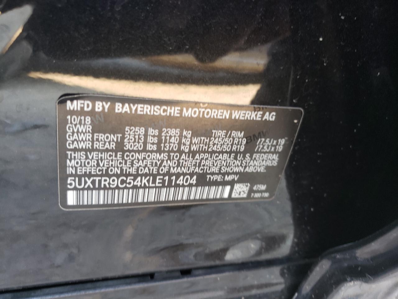 2019 BMW X3 xDrive30I VIN: 5UXTR9C54KLE11404 Lot: 68101795