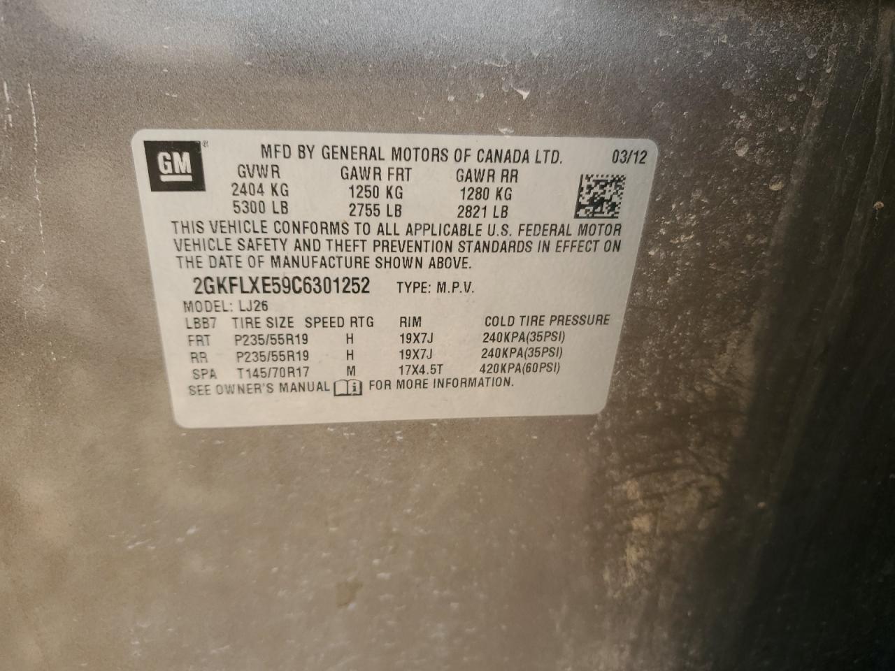 2012 GMC Terrain Slt VIN: 2GKFLXE59C6301252 Lot: 70157205