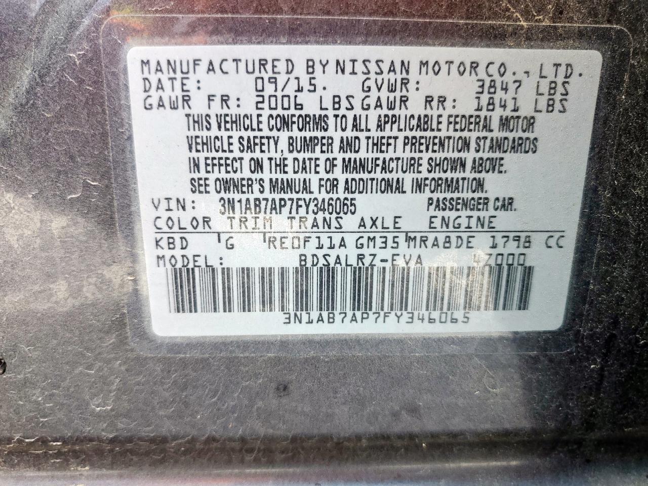 2015 Nissan Sentra S VIN: 3N1AB7AP7FY346065 Lot: 66968335