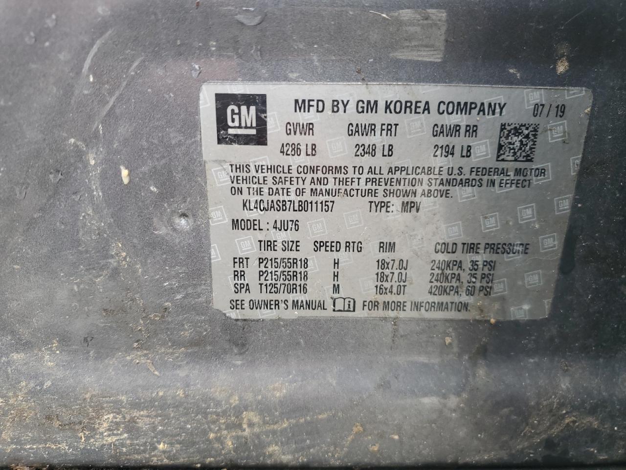 2020 Buick Encore Preferred VIN: KL4CJASB7LB011157 Lot: 68197845