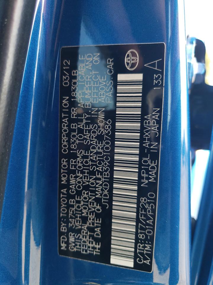 2012 Toyota Prius C VIN: JTDKDTB39C1007386 Lot: 70599475