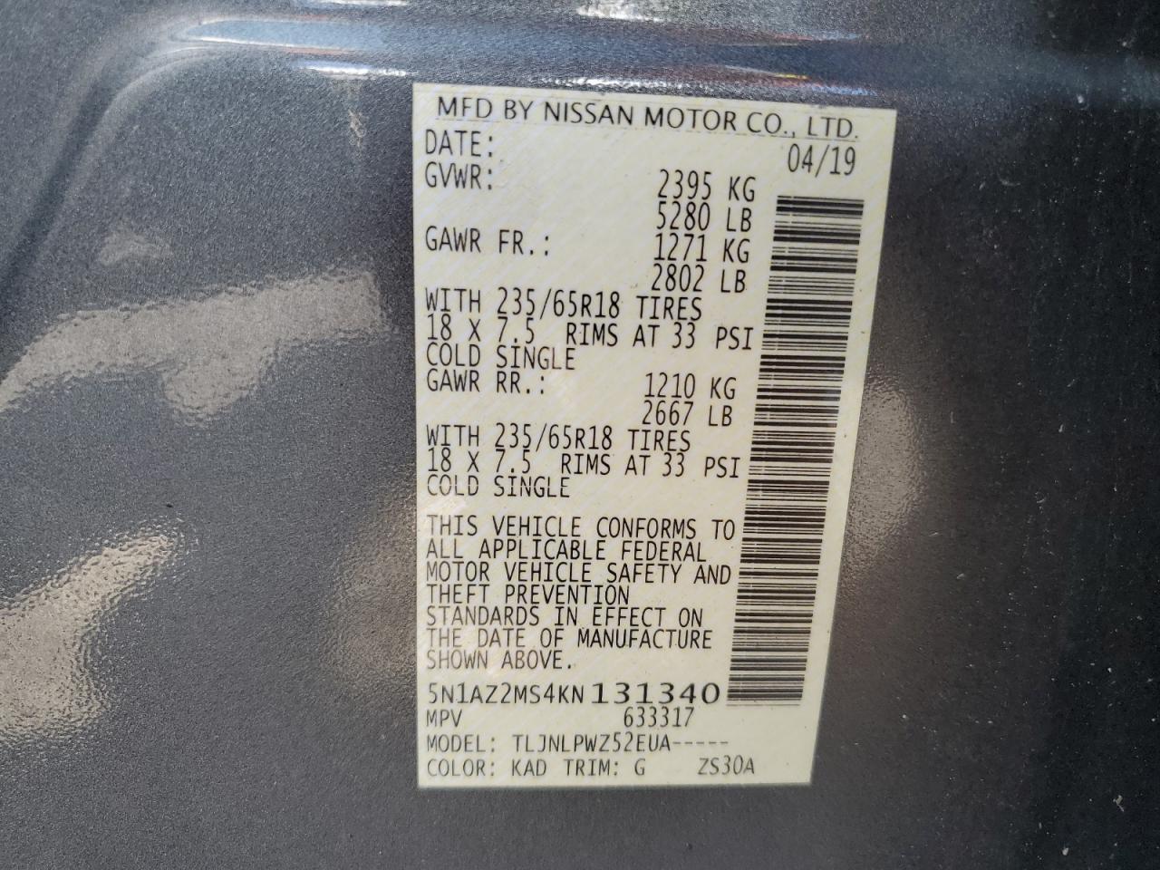 2019 Nissan Murano S VIN: 5N1AZ2MS4KN131340 Lot: 71178715