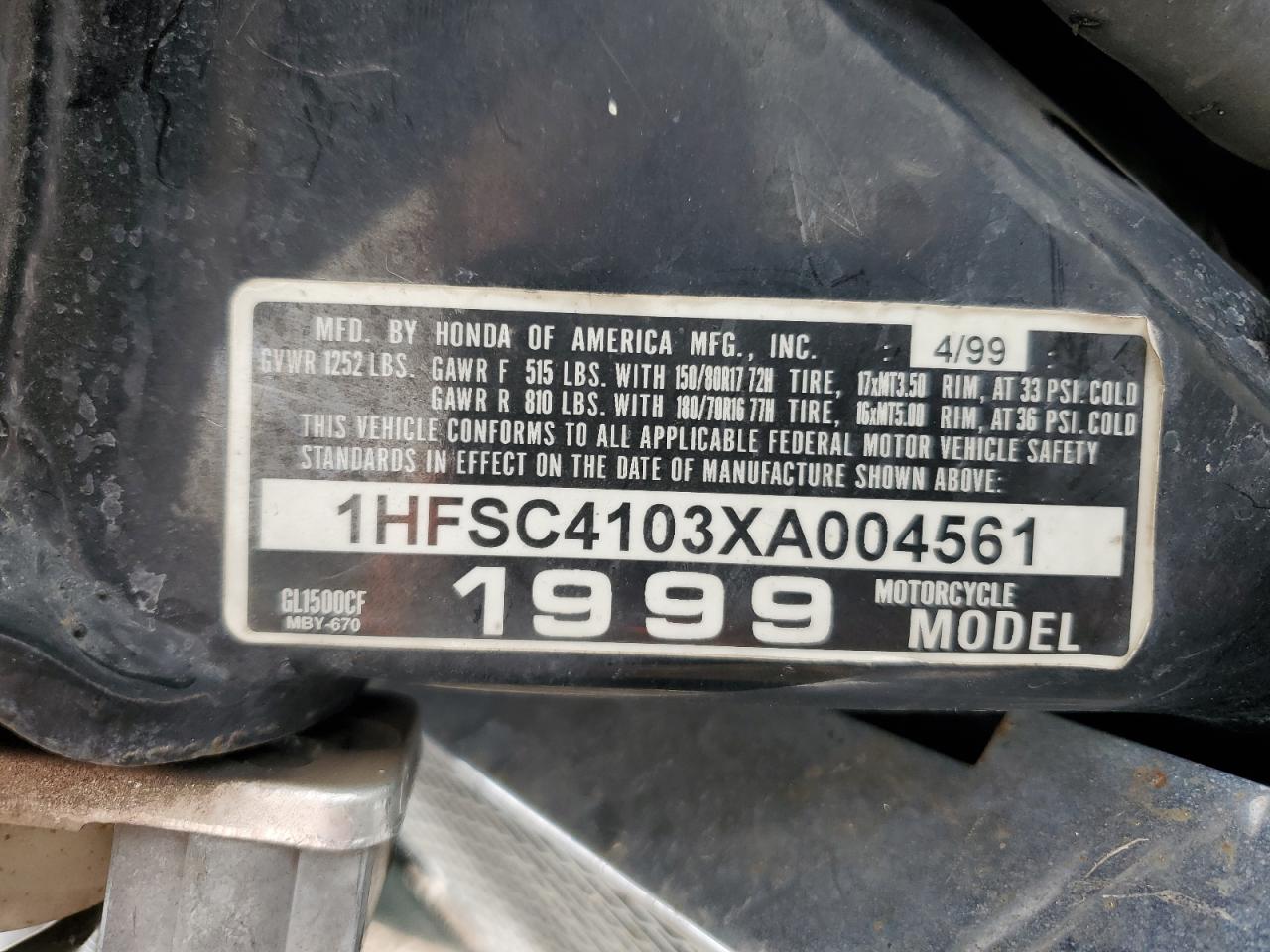 1999 Honda Gl1500 Cf VIN: 1HFSC4103XA004561 Lot: 69741105