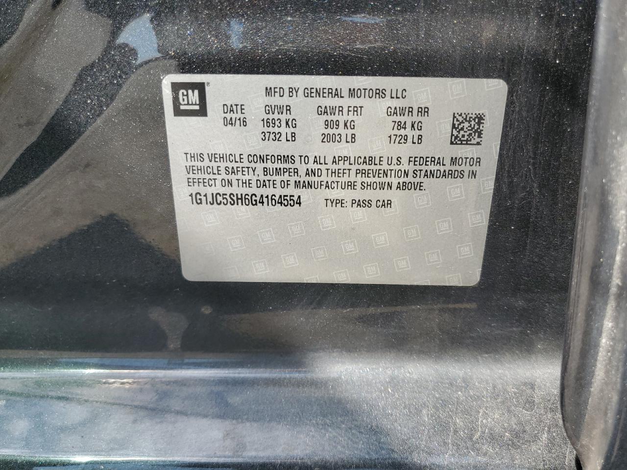 2016 Chevrolet Sonic Lt VIN: 1G1JC5SH6G4164554 Lot: 67486185