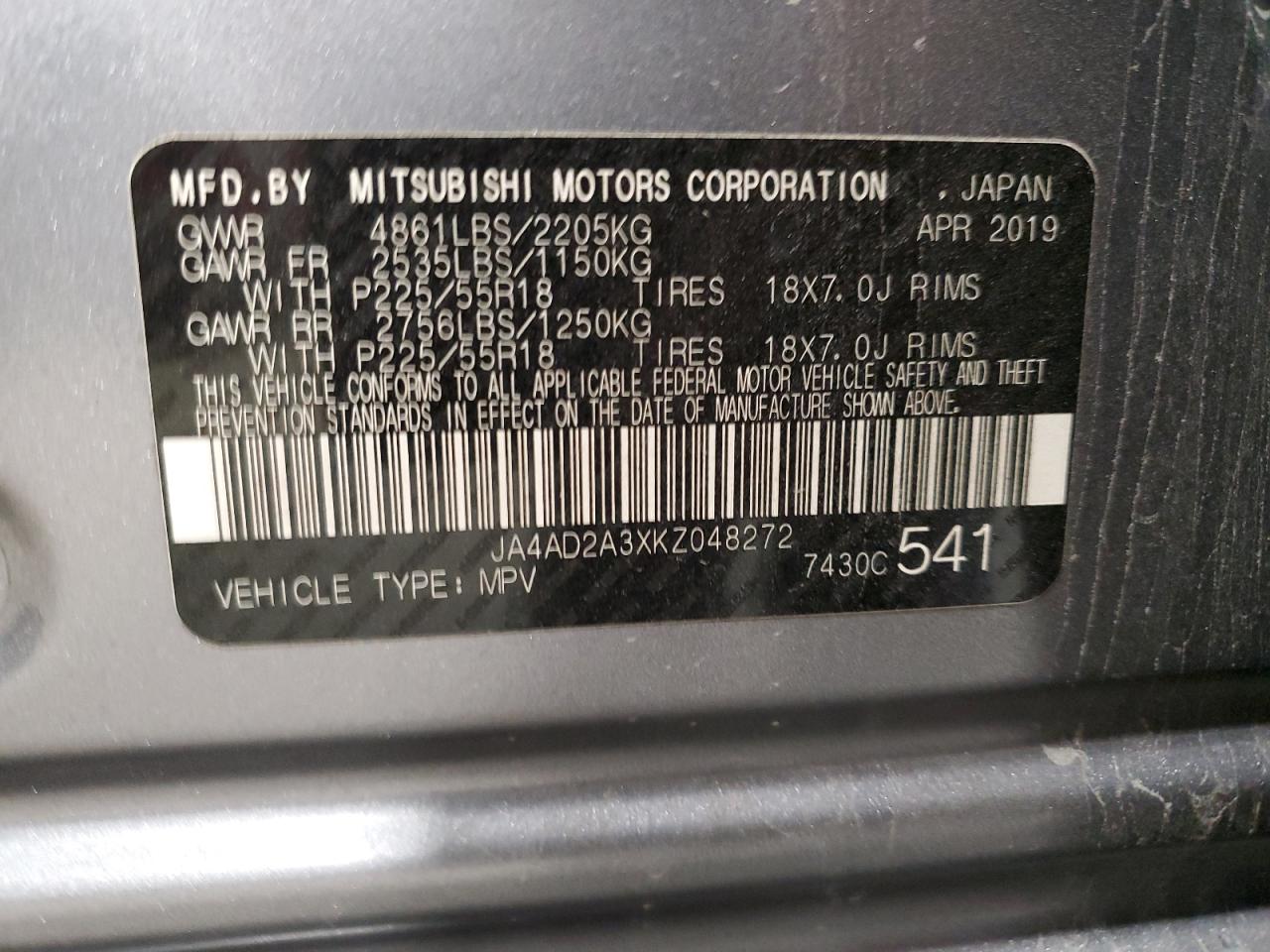 2019 Mitsubishi Outlander Es VIN: JA4AD2A3XKZ048272 Lot: 70250805