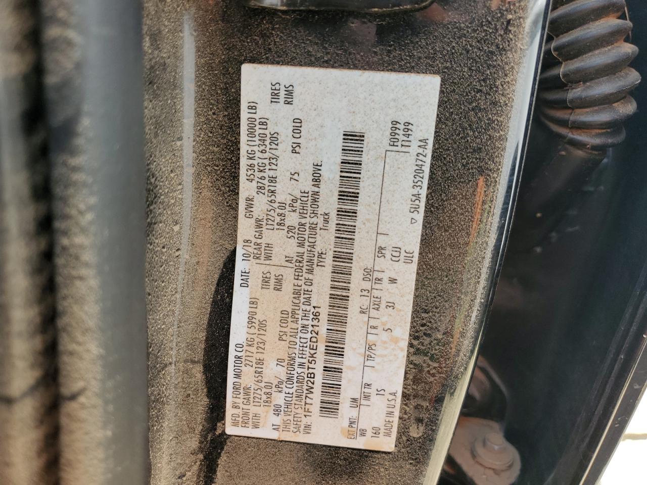 2019 Ford F250 Super Duty VIN: 1FT7W2BT5KED21361 Lot: 71247665