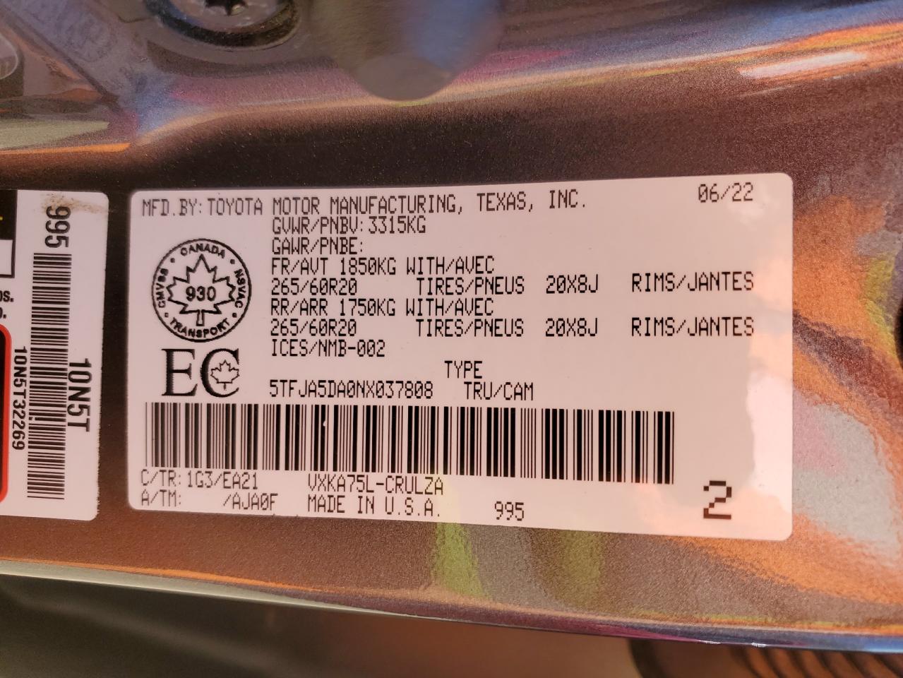 2022 Toyota Tundra Double Cab Limited VIN: 5TFJA5DA0NX037808 Lot: 67106245