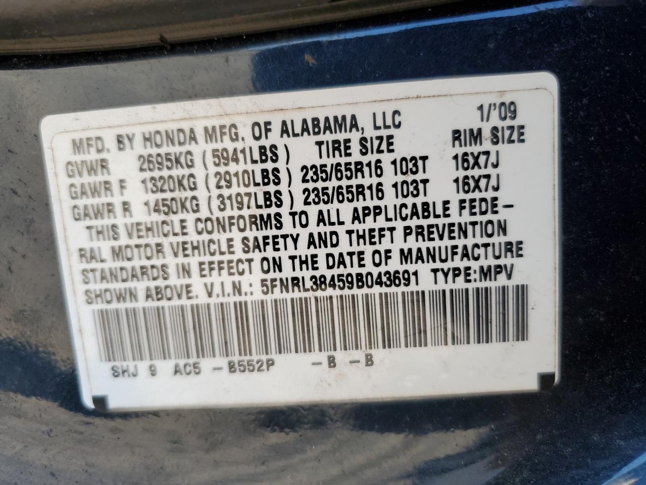 2009 Honda Odyssey Ex VIN: 5FNRL38459B043691 Lot: 66936305