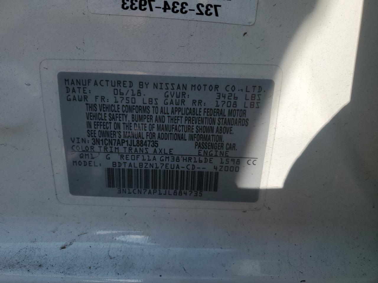 2018 Nissan Versa S VIN: 3N1CN7AP1JL884735 Lot: 68860805