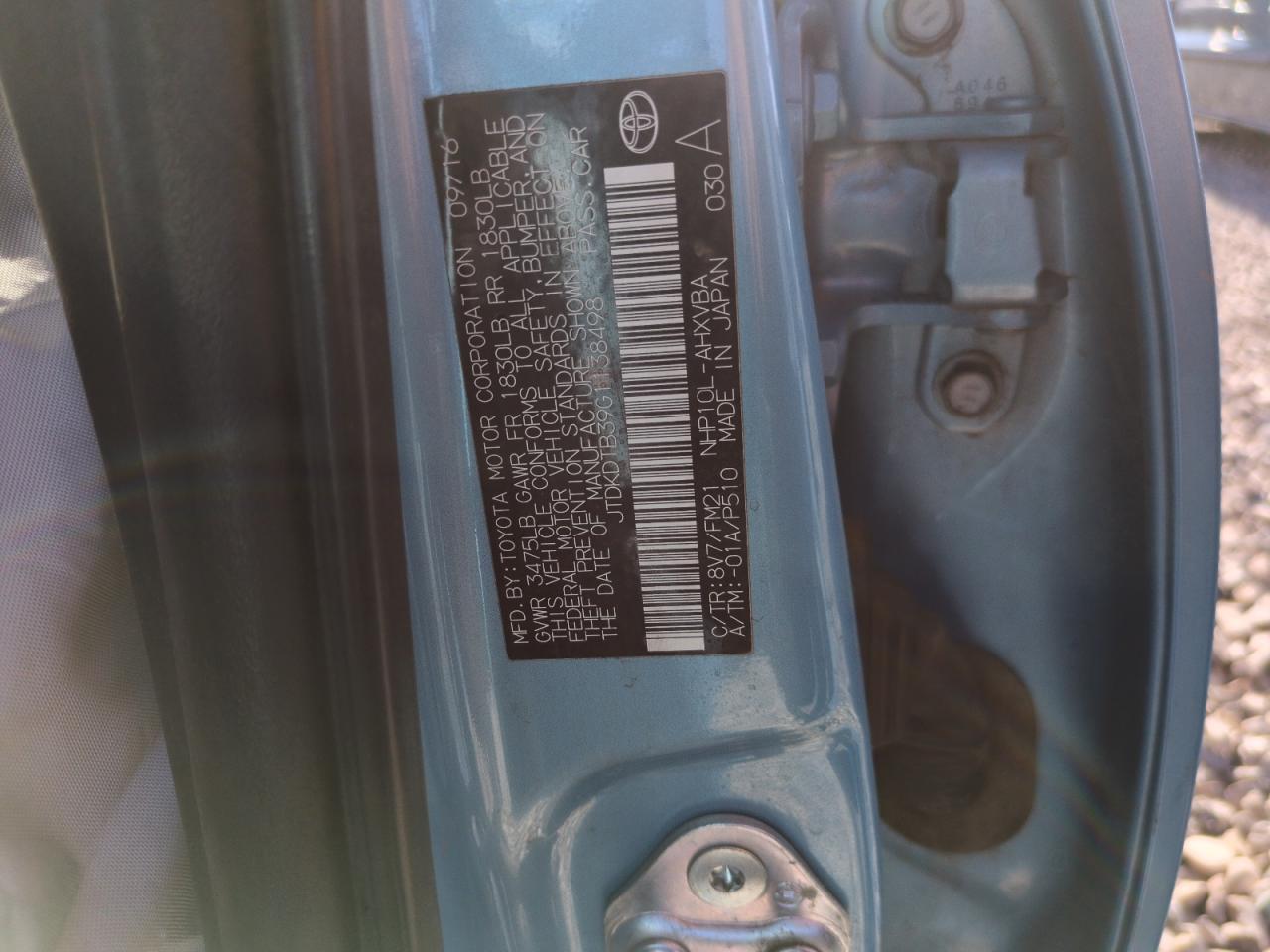 2016 Toyota Prius C VIN: JTDKDTB39G1138498 Lot: 68673065