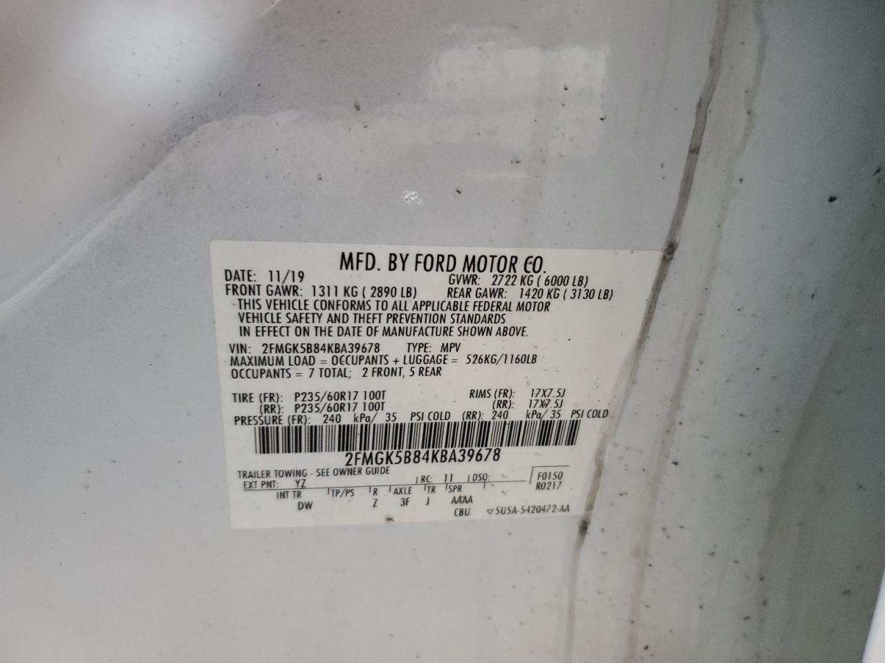 2019 Ford Flex Se VIN: 2FMGK5B84KBA39678 Lot: 67510265