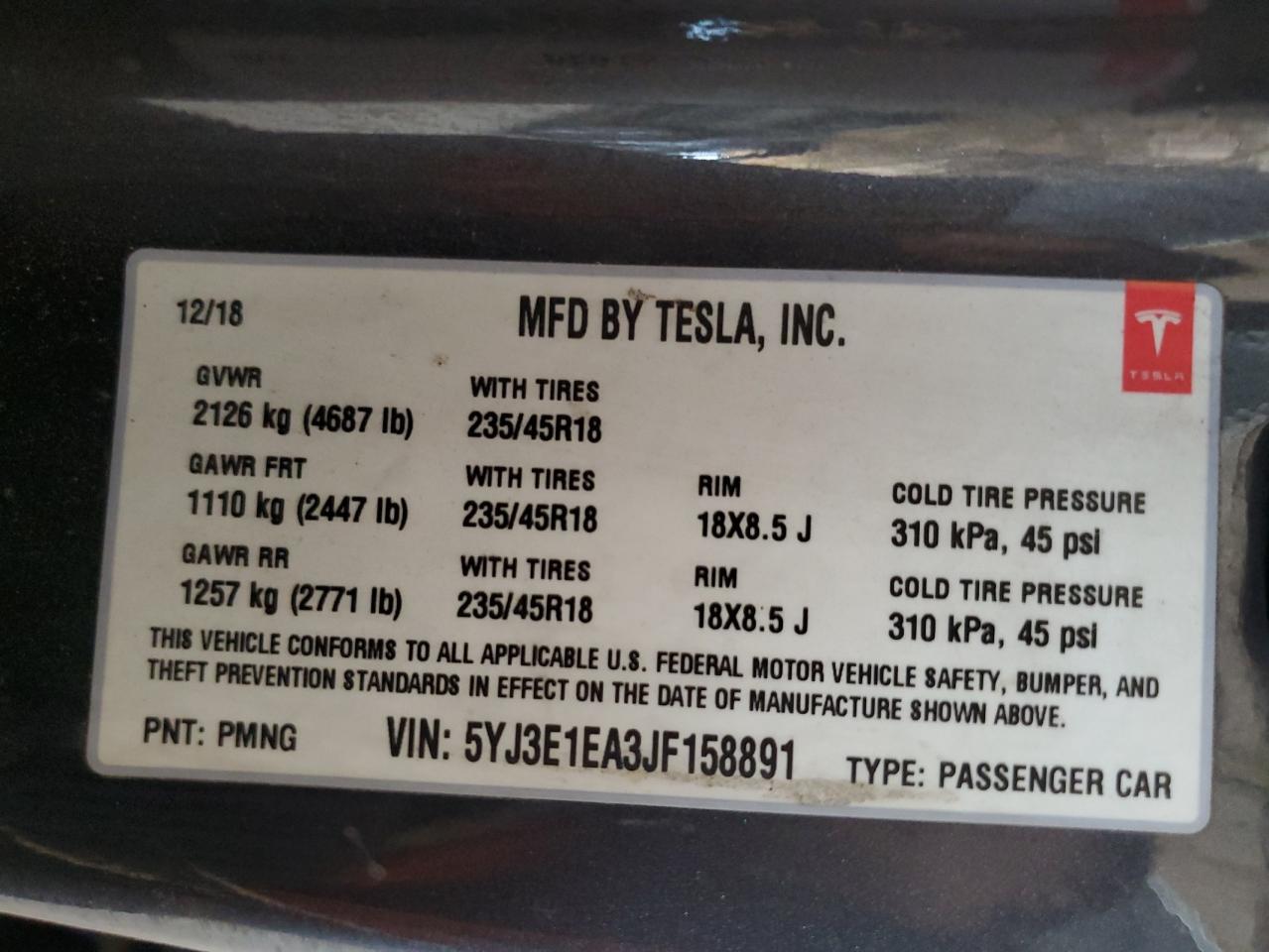 2018 Tesla Model 3 VIN: 5YJ3E1EA3JF158891 Lot: 68835315