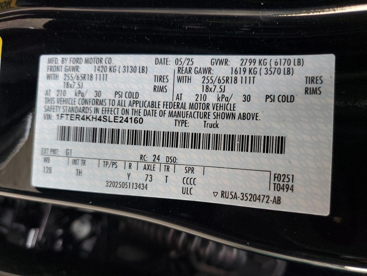 2025 Ford Ranger Lariat VIN: 1FTER4KH4SLE24160 Lot: 71674625