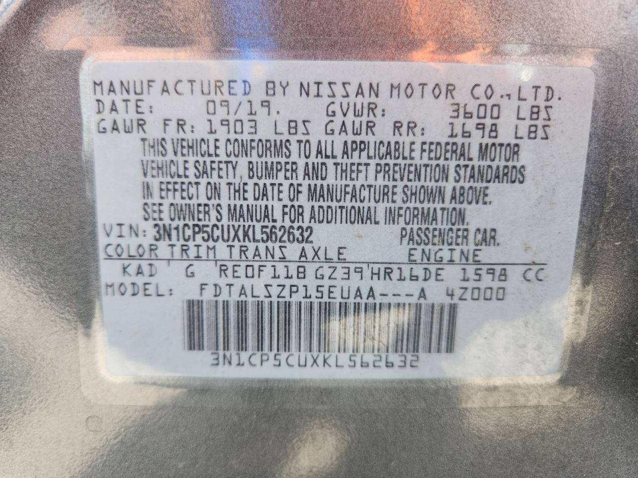 2019 Nissan Kicks S VIN: 3N1CP5CUXKL562632 Lot: 70871735