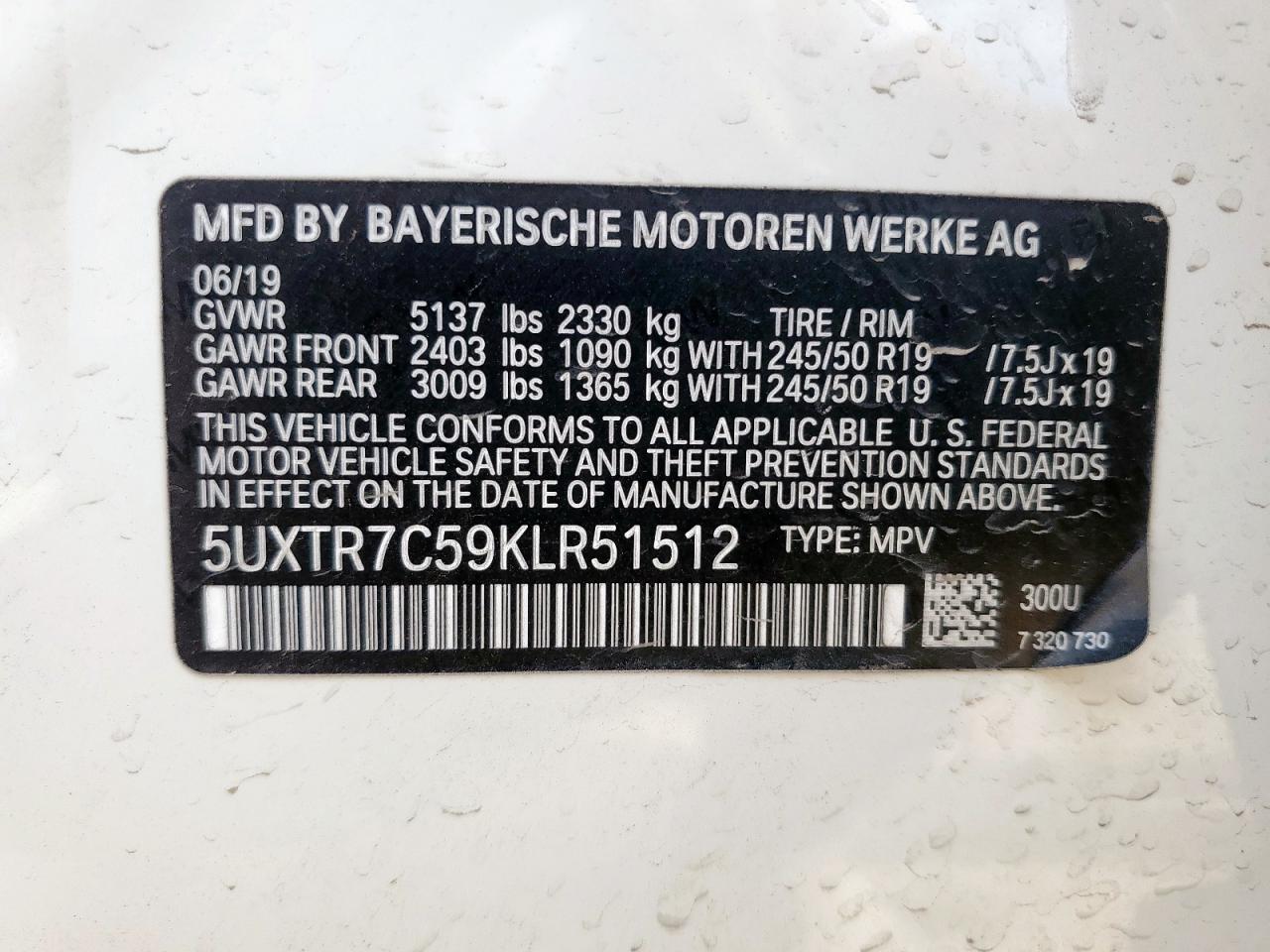 2019 BMW X3 Sdrive30I VIN: 5UXTR7C59KLR51512 Lot: 70492815