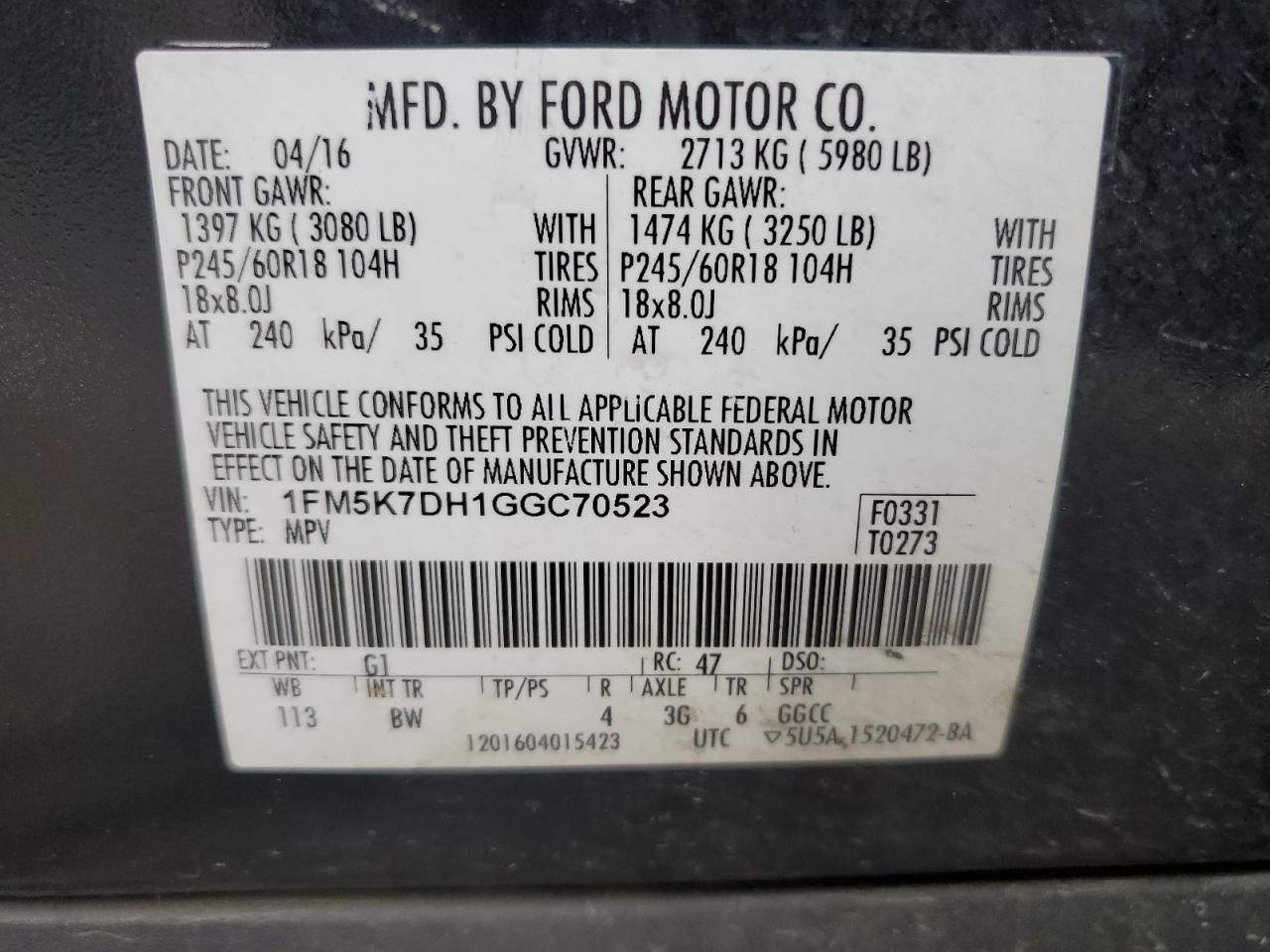 2016 Ford Explorer Xlt VIN: 1FM5K7DH1GGC70523 Lot: 69258435