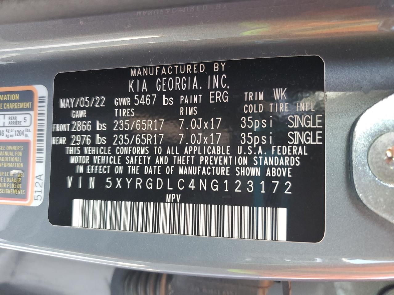 2022 Kia Sorento Lx VIN: 5XYRGDLC4NG123172 Lot: 68520165