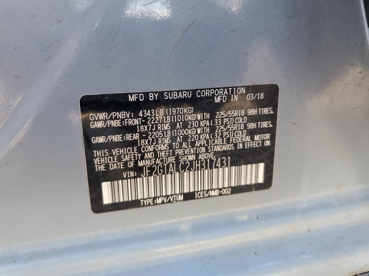 2018 Subaru Crosstrek Limited VIN: JF2GTALC2JH317431 Lot: 70281465