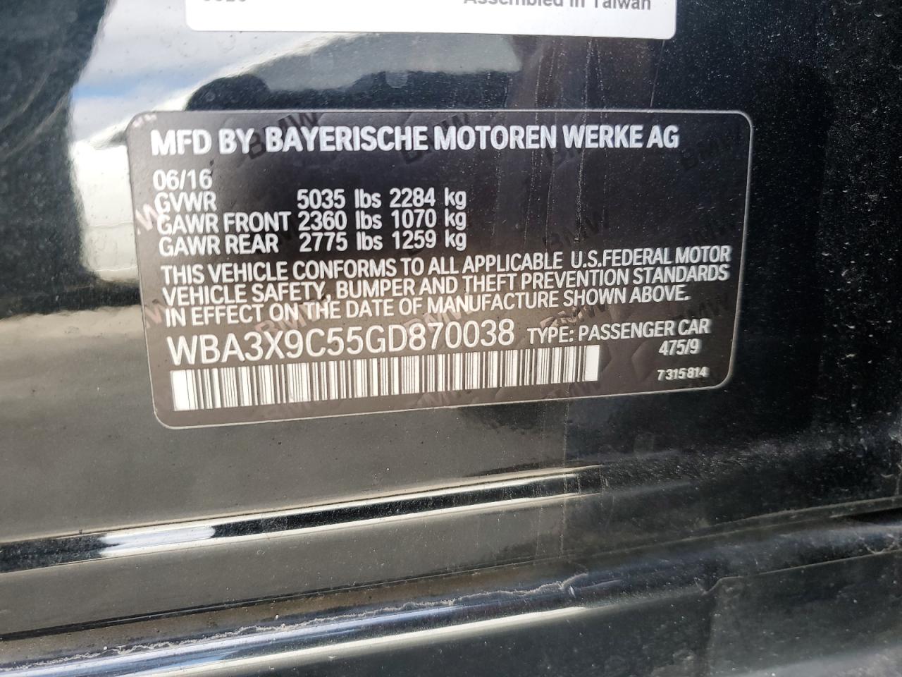 2016 BMW 335 Xigt VIN: WBA3X9C55GD870038 Lot: 69361135