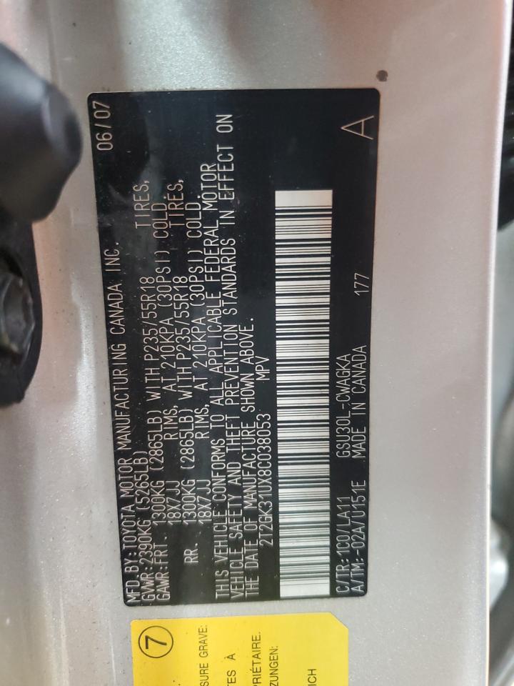 2008 Lexus Rx 350 VIN: 2T2GK31UX8C038053 Lot: 68270365