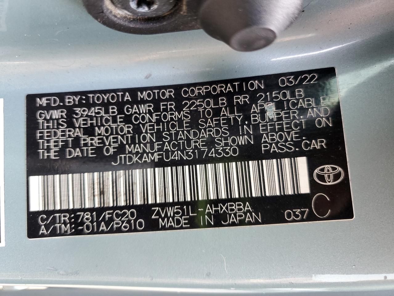 2022 Toyota Prius Night Shade VIN: JTDKAMFU4N3174330 Lot: 67670735