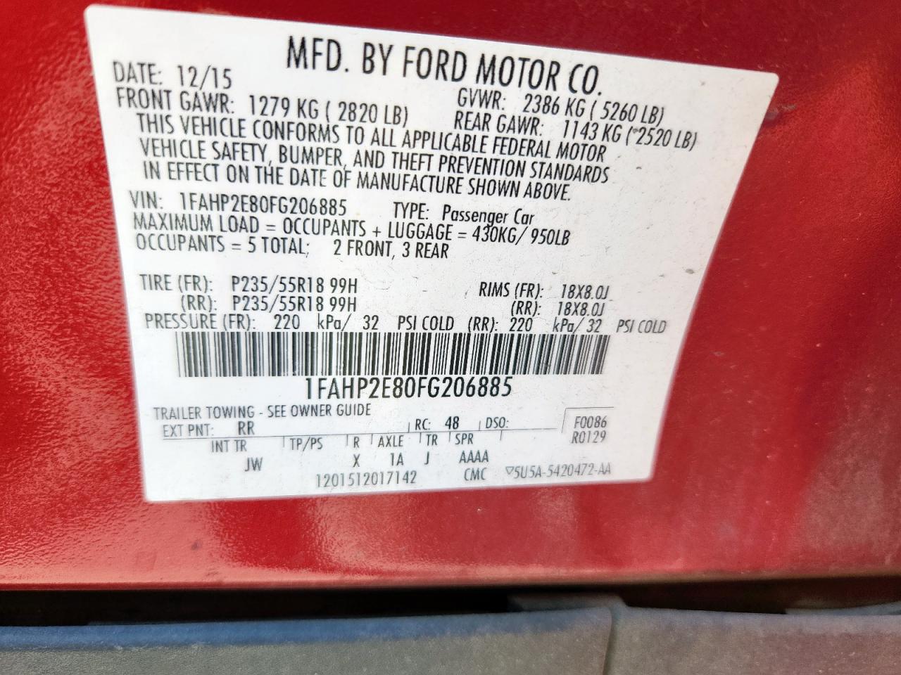 2015 Ford Taurus Sel VIN: 1FAHP2E80FG206885 Lot: 69964605