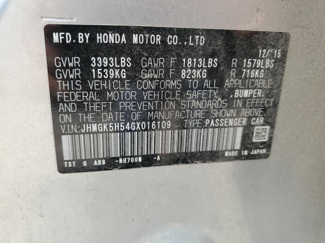 2016 Honda Fit Lx VIN: JHMGK5H54GX016109 Lot: 67267305